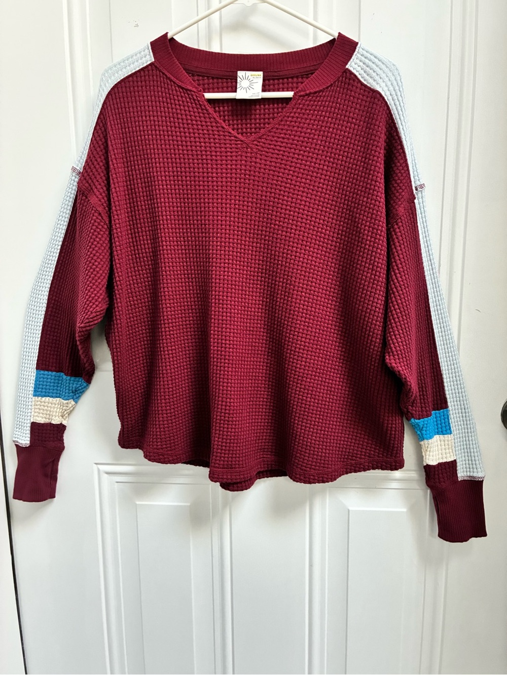 OFFLINE By Aerie Wow! Waffle Notch Neck Long Sleeve T-Shirt in Deep Cherry